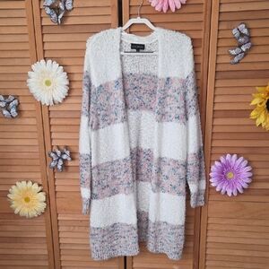 Lane Bryant White Open-Front Cardigan with Pastel Multicolor Stripes